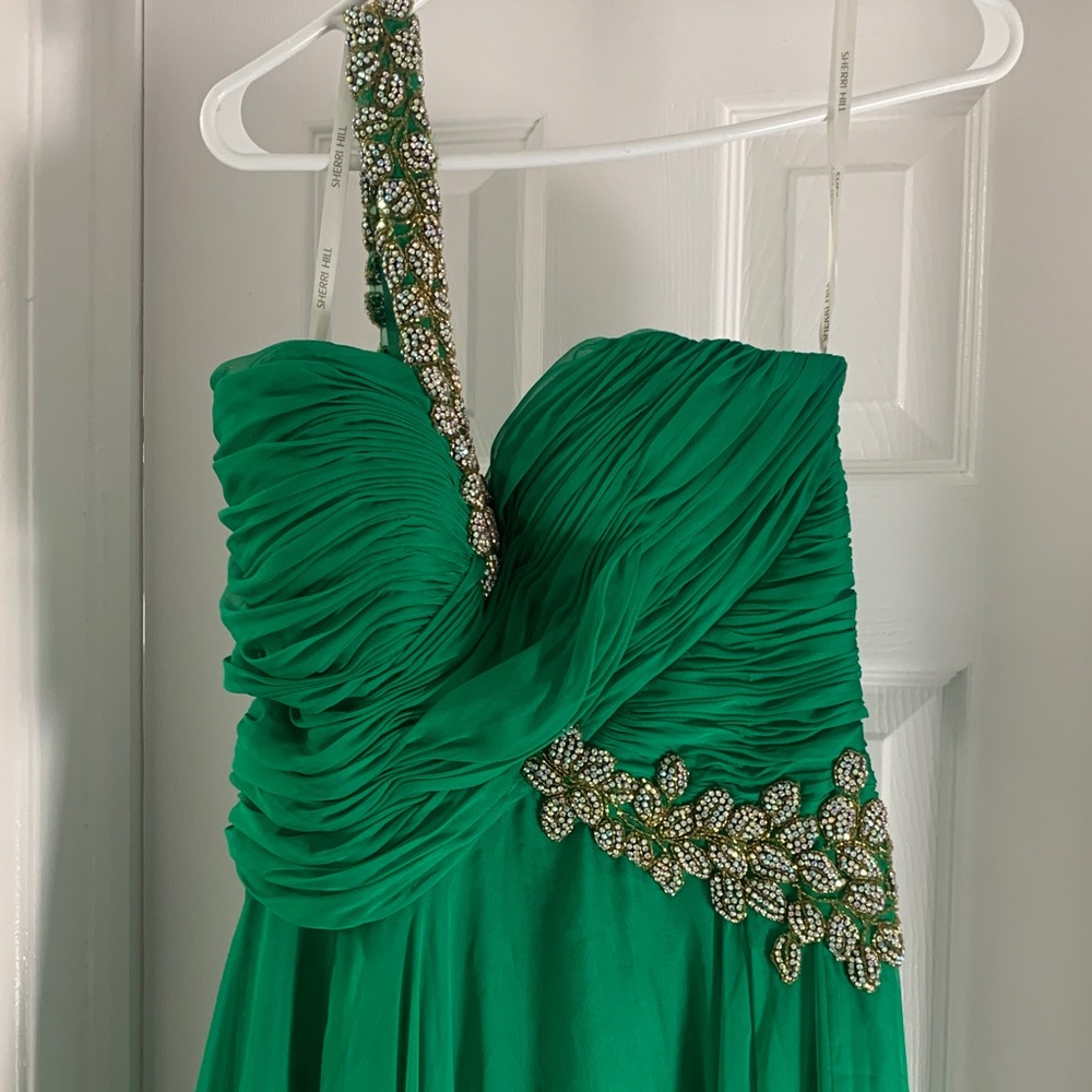 Sherri Hill Strapless Green Dress with Floral Embellishments